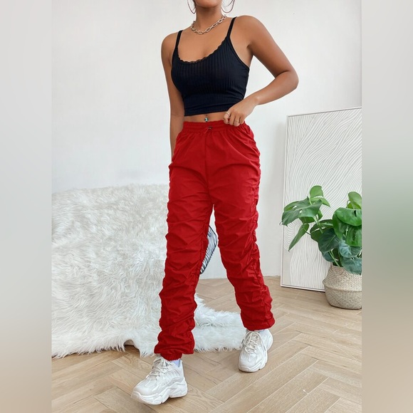 Elastic Waist Ruched Pants                              Color: Red - Picture 3 of 4
